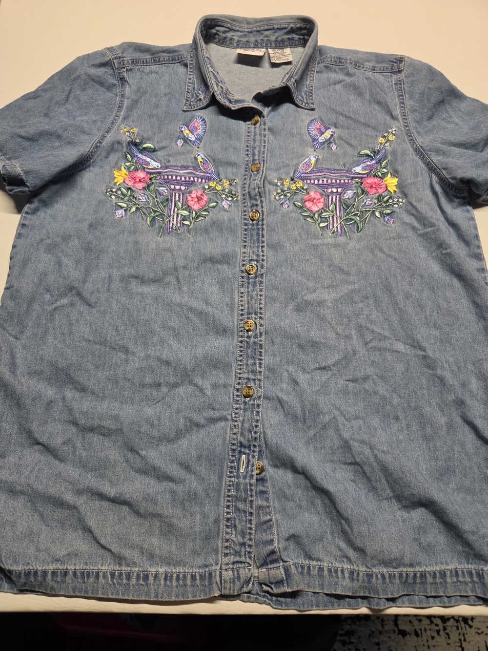 Bobbie Brooks Embroidered Denim Shirt Vintage Womens 14 Bird and floral